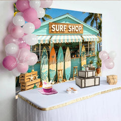 Lofaris Beach Surf Shop Photography Backdrop with Palm Trees and Surfboards Tropical Summer Background for Photo Booth Props