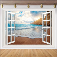Lofaris Beach Window View Photography Backdrop with Ocean Waves and Cliff Scenic Coastal Background for Studio Photoshoot and Home Decor