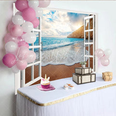 Lofaris Beach Window View Photography Backdrop with Ocean Waves and Cliff Scenic Coastal Background for Studio Photoshoot and Home Decor