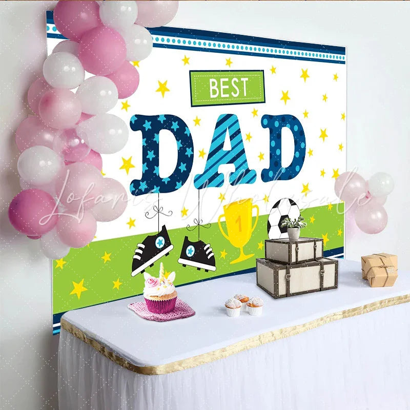 Lofaris Best Dad Fathers Day Backdrop with Soccer Ball Trophy and Shoes Blue Green Sports Theme Photography Background for Party Decor