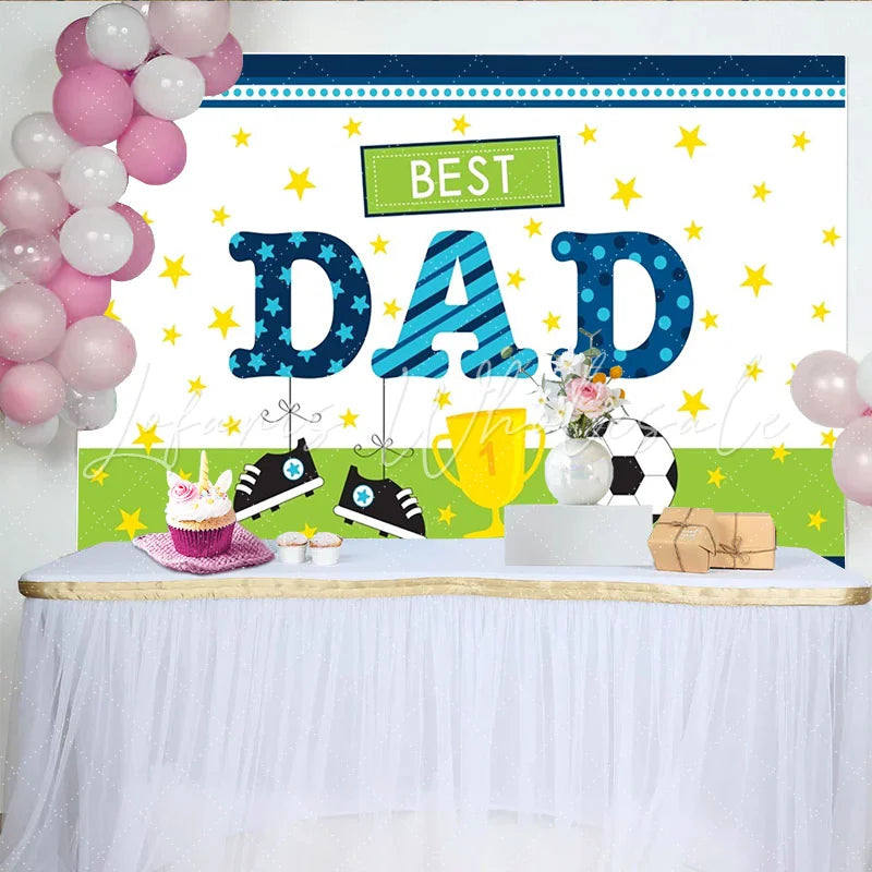 Lofaris Best Dad Fathers Day Backdrop with Soccer Ball Trophy and Shoes Blue Green Sports Theme Photography Background for Party Decor