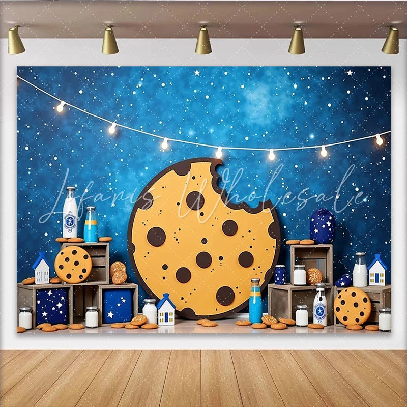Lofaris Bitten Cookie and Milk Photography Backdrop with Starry Night Sky and String Lights Sweet Dessert Table Background for Kids Party