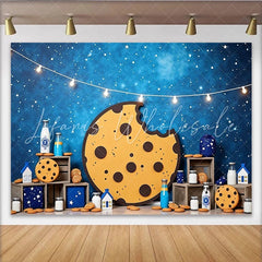 Lofaris Bitten Cookie and Milk Photography Backdrop with Starry Night Sky and String Lights Sweet Dessert Table Background for Kids Party