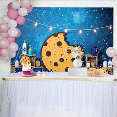 Lofaris Bitten Cookie and Milk Photography Backdrop with Starry Night Sky and String Lights Sweet Dessert Table Background for Kids Party