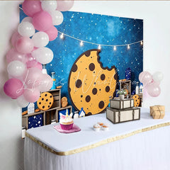 Lofaris Bitten Cookie and Milk Photography Backdrop with Starry Night Sky and String Lights Sweet Dessert Table Background for Kids Party
