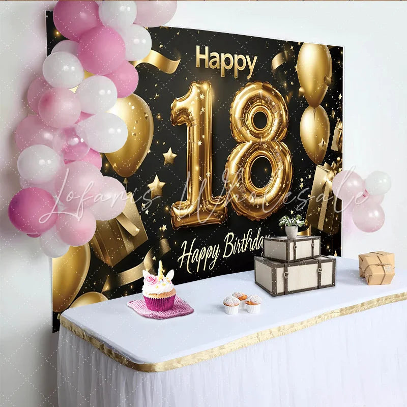 Lofaris Black and Gold 18th Birthday Backdrop with Foil Balloons and Gifts Elegant Party Background for Photoshoot