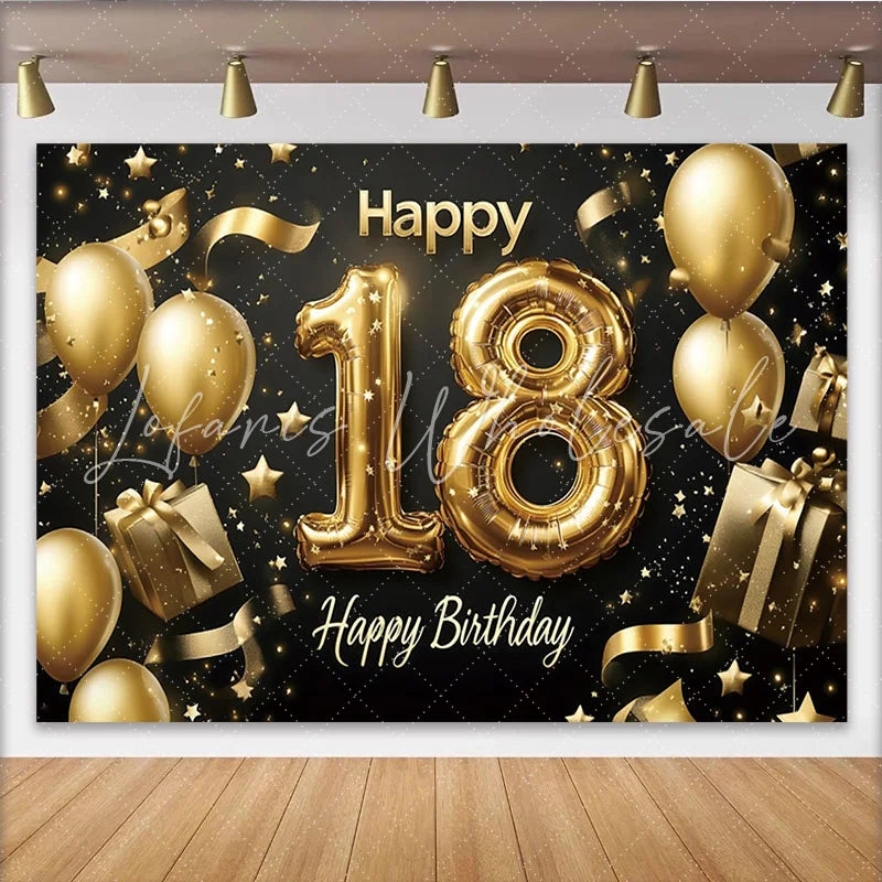 Lofaris Black and Gold 18th Birthday Backdrop with Foil Balloons and Gifts Elegant Party Background for Photoshoot