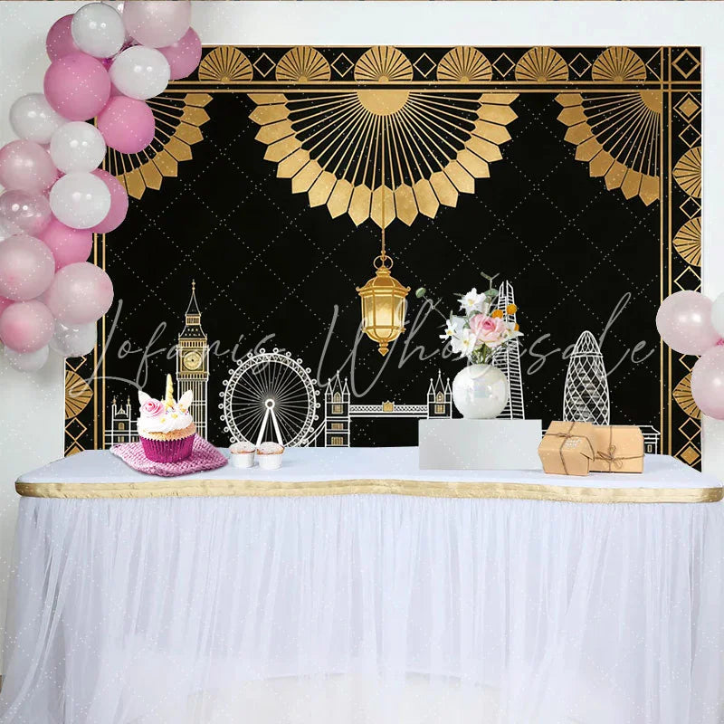 Lofaris Black and Gold Art Deco London City Photography Backdrop Elegant Skyline Background for Party Decor and Studio Photoshoot