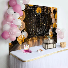 Lofaris Black and Gold Cake Smash Backdrop Elegant String Lights and Paper Fans Photography Background for Birthday