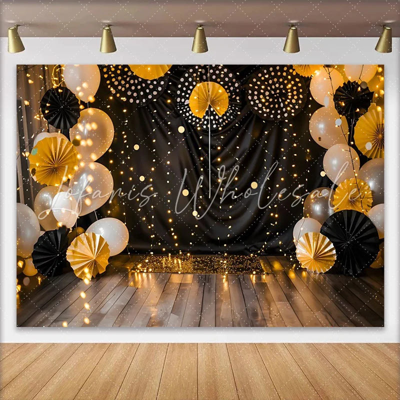 Lofaris Black and Gold Cake Smash Backdrop Elegant String Lights and Paper Fans Photography Background for Birthday