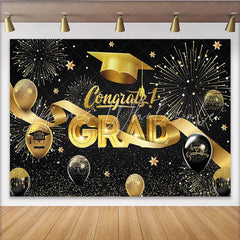 Lofaris Black and Gold Congrats Grad Graduation Backdrop with Cap and Fireworks Sparkling Balloons and Stars Party Decor