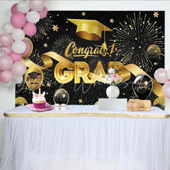 Lofaris Black and Gold Congrats Grad Graduation Backdrop with Cap and Fireworks Sparkling Balloons and Stars Party Decor