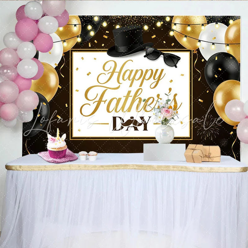 Lofaris Black and Gold Fathers Day Backdrop with Balloons and Top Hat Elegant Party Background for Dad Celebration Photography