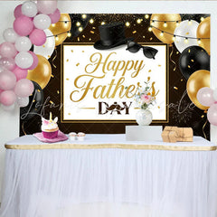 Lofaris Black and Gold Fathers Day Backdrop with Balloons and Top Hat Elegant Party Background for Dad Celebration Photography