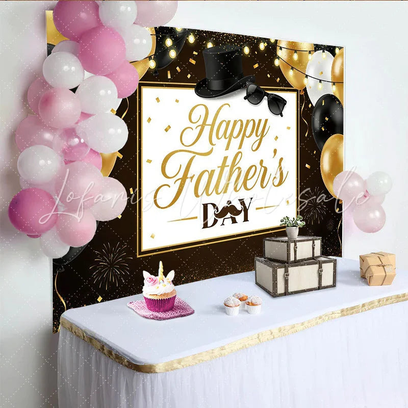 Lofaris Black and Gold Fathers Day Backdrop with Balloons and Top Hat Elegant Party Background for Dad Celebration Photography