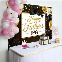 Lofaris Black and Gold Fathers Day Backdrop with Balloons and Top Hat Elegant Party Background for Dad Celebration Photography