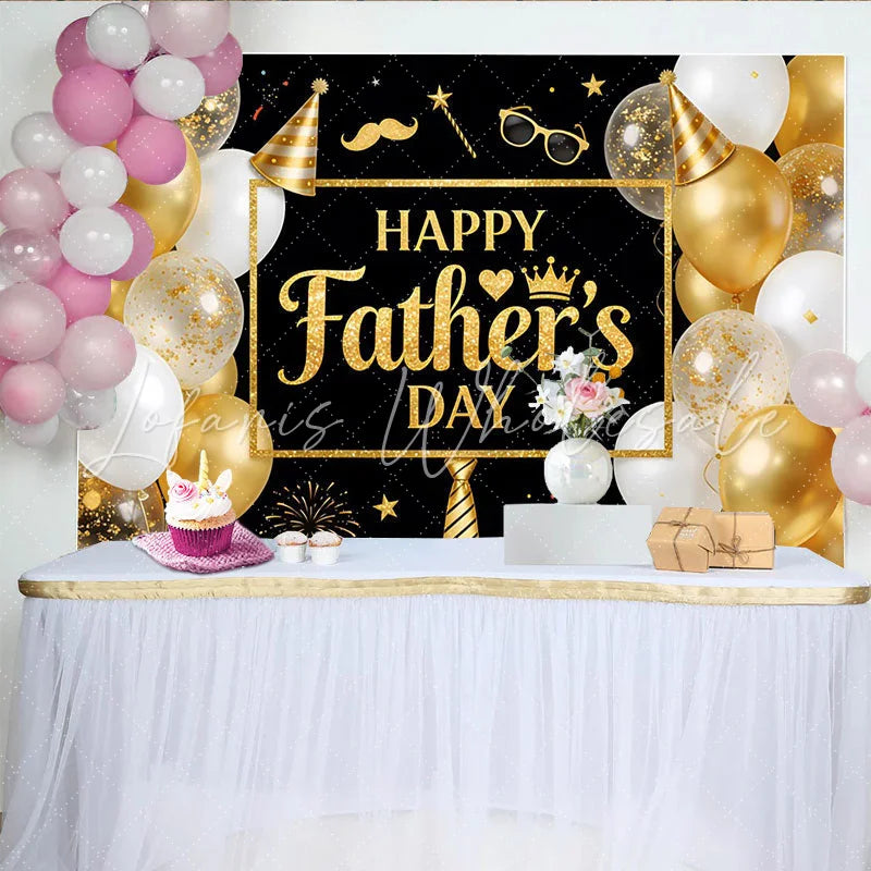 Lofaris Black and Gold Glitter Fathers Day Backdrop with Balloons and Party Hat Elegant Photo Booth Props for Celebration