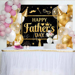 Lofaris Black and Gold Glitter Fathers Day Backdrop with Balloons and Party Hat Elegant Photo Booth Props for Celebration