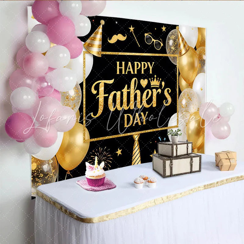 Lofaris Black and Gold Glitter Fathers Day Backdrop with Balloons and Party Hat Elegant Photo Booth Props for Celebration