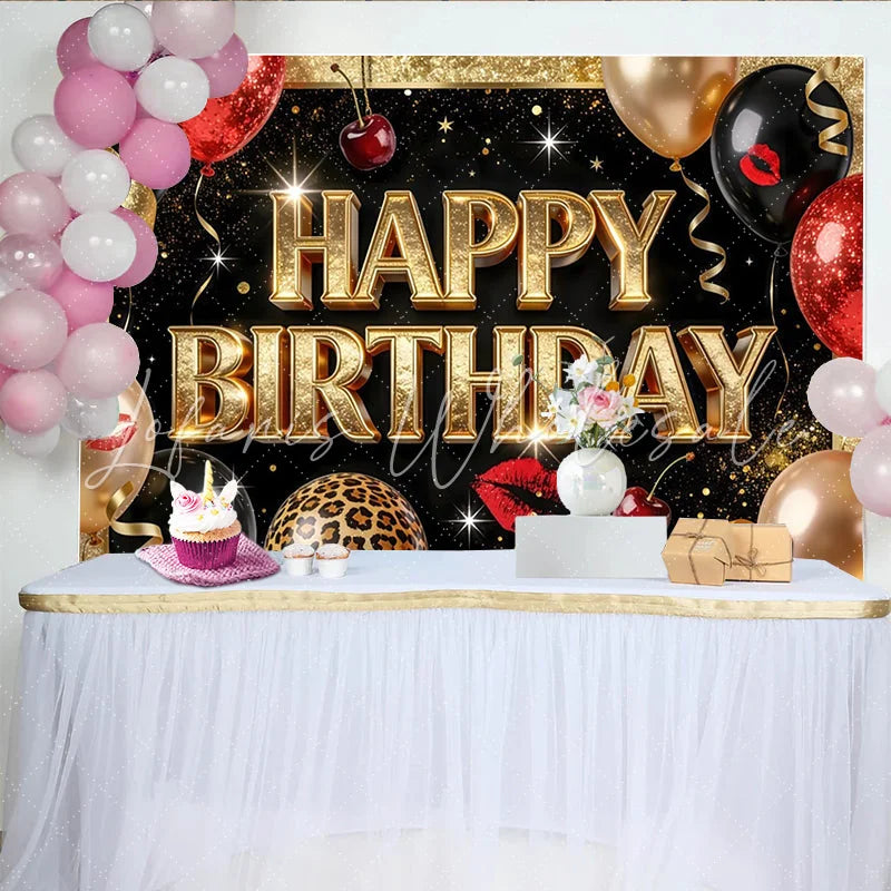 Lofaris Black and Gold Glitter Happy Birthday Backdrop Red Lips Balloons and Leopard Print Photography Background for Party Decor