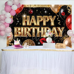 Lofaris Black and Gold Glitter Happy Birthday Backdrop Red Lips Balloons and Leopard Print Photography Background for Party Decor