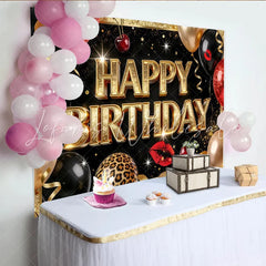 Lofaris Black and Gold Glitter Happy Birthday Backdrop Red Lips Balloons and Leopard Print Photography Background for Party Decor