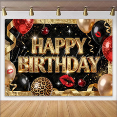 Lofaris Black and Gold Glitter Happy Birthday Backdrop Red Lips Balloons and Leopard Print Photography Background for Party Decor