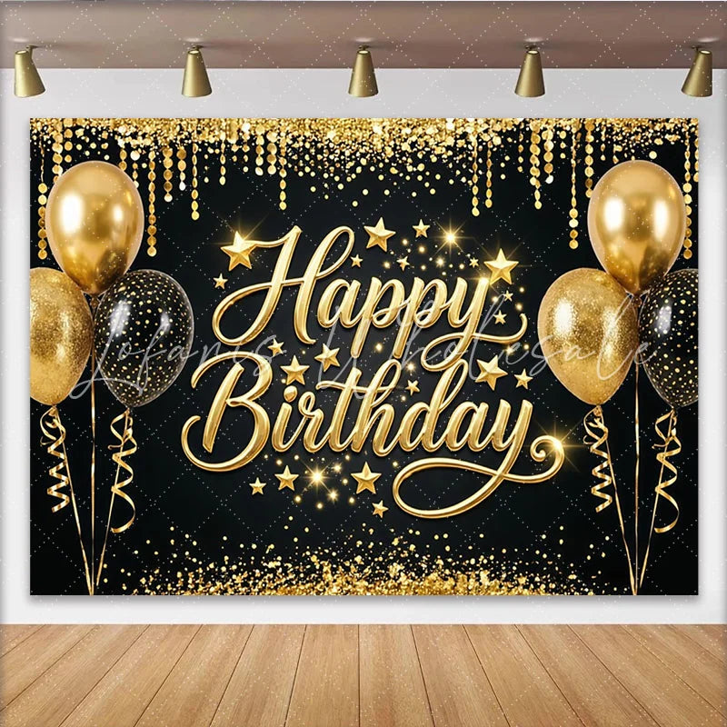 Lofaris Black and Gold Glitter Happy Birthday Backdrop with Balloons and Stars Elegant Party Photography Background for Celebration Decor