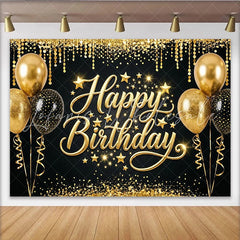 Lofaris Black and Gold Glitter Happy Birthday Backdrop with Balloons and Stars Elegant Party Photography Background for Celebration Decor
