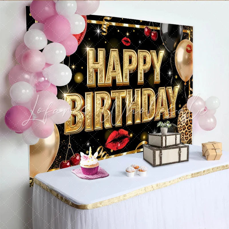 Lofaris Black and Gold Glitter Happy Birthday Backdrop with Balloons Elegant Party Background for Adult Celebration and Photoshoot
