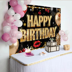 Lofaris Black and Gold Glitter Happy Birthday Backdrop with Balloons Elegant Party Background for Adult Celebration and Photoshoot