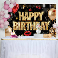 Lofaris Black and Gold Glitter Happy Birthday Backdrop with Balloons Elegant Party Background for Adult Celebration and Photoshoot