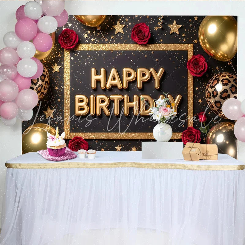 Lofaris Black and Gold Glitter Happy Birthday Backdrop with Red Roses Elegant Party Decor and Photo Booth Background for Celebrations