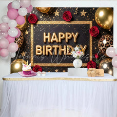Lofaris Black and Gold Glitter Happy Birthday Backdrop with Red Roses Elegant Party Decor and Photo Booth Background for Celebrations