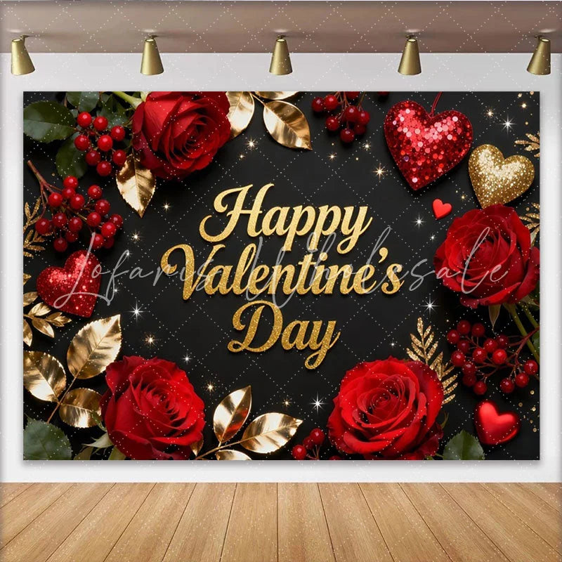 Lofaris Black and Gold Glitter Happy Valentine’s Day Party Backdrop with Red Roses and Hearts Romantic Celebration Decor