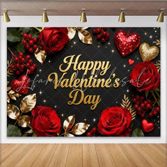 Lofaris Black and Gold Glitter Happy Valentine’s Day Party Backdrop with Red Roses and Hearts Romantic Celebration Decor