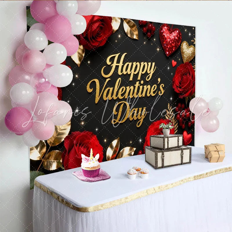 Lofaris Black and Gold Glitter Happy Valentine’s Day Party Backdrop with Red Roses and Hearts Romantic Celebration Decor