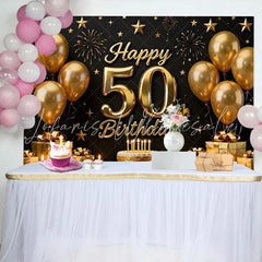 Lofaris Black and Gold Happy 50th Birthday Backdrop Golden Balloons Stars Gifts Cake Party Decoration Props