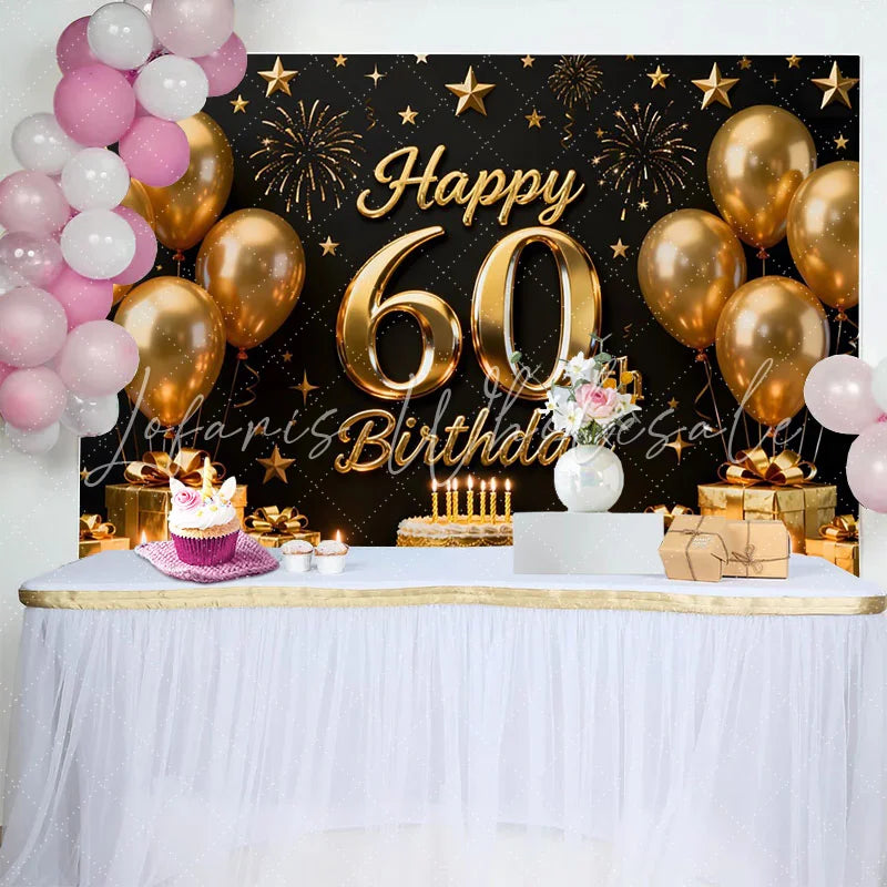 Lofaris Black and Gold Happy 60th Birthday Backdrop Golden Balloons Stars Gifts Cake Party Decoration Props