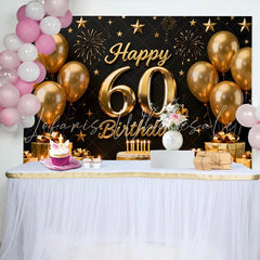 Lofaris Black and Gold Happy 60th Birthday Backdrop Golden Balloons Stars Gifts Cake Party Decoration Props