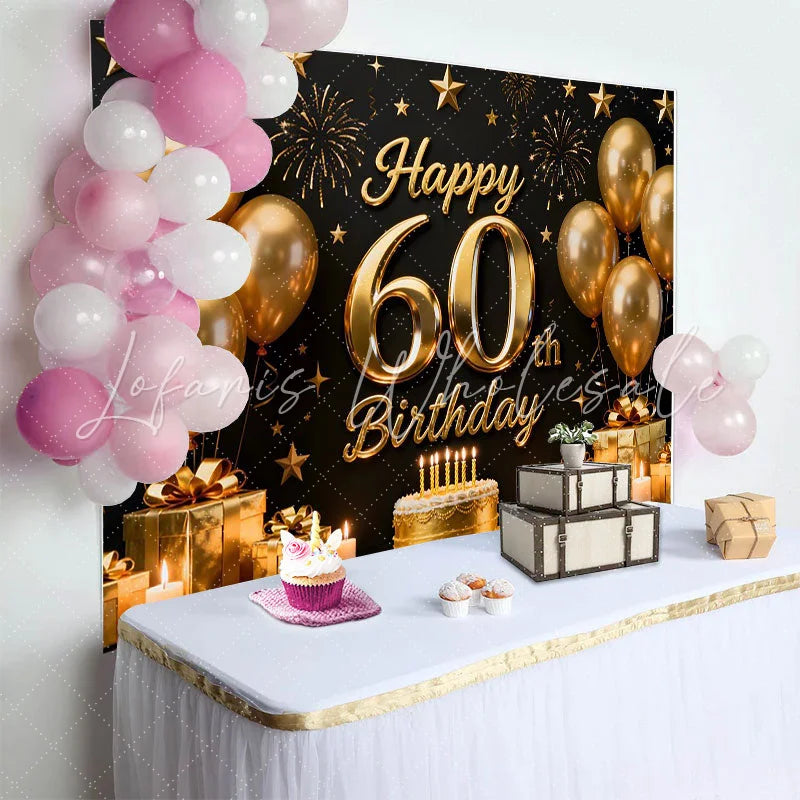 Lofaris Black and Gold Happy 60th Birthday Backdrop Golden Balloons Stars Gifts Cake Party Decoration Props