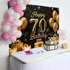 Lofaris Black and Gold Happy 70th Birthday Backdrop Golden Balloons Stars Gifts Cake Party Decoration Props