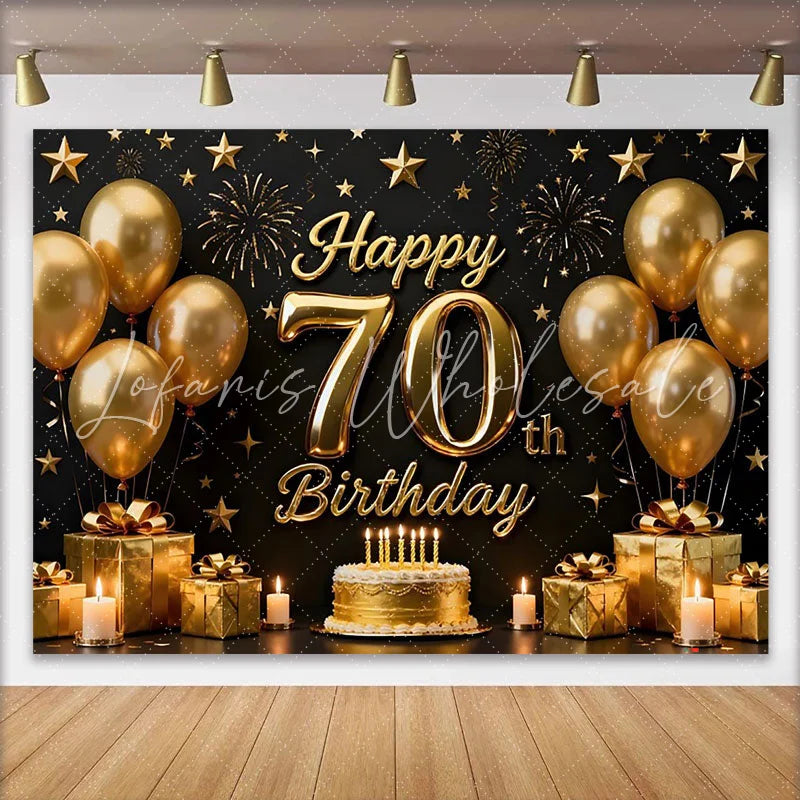 Lofaris Black and Gold Happy 70th Birthday Backdrop Golden Balloons Stars Gifts Cake Party Decoration Props
