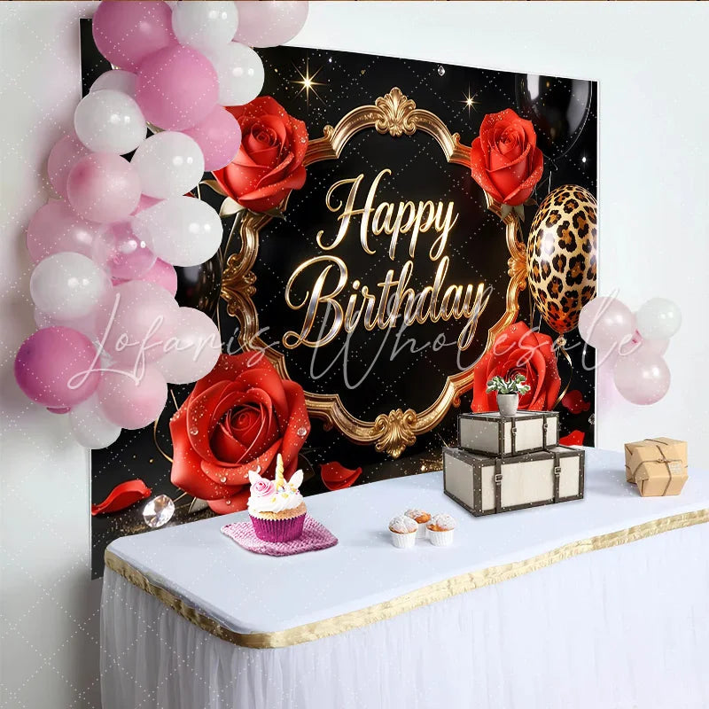 Lofaris Black and Gold Happy Birthday Backdrop with Red Roses and Balloons Elegant Leopard Print Party Background for Women Photography