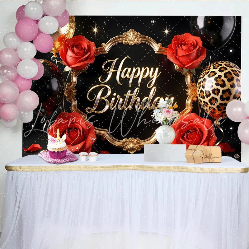 Lofaris Black and Gold Happy Birthday Backdrop with Red Roses and Balloons Elegant Leopard Print Party Background for Women Photography