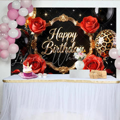 Lofaris Black and Gold Happy Birthday Backdrop with Red Roses and Balloons Elegant Leopard Print Party Background for Women Photography