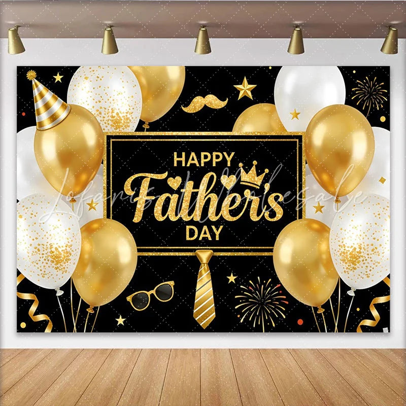 Lofaris Black and Gold Happy Father’s Day Backdrop with Glitter Balloons and Tie Elegant Party Decoration for Dad’s Celebration