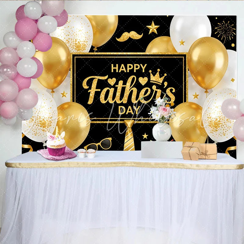 Lofaris Black and Gold Happy Father’s Day Backdrop with Glitter Balloons and Tie Elegant Party Decoration for Dad’s Celebration