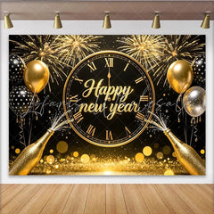 Lofaris Black and Gold Happy New Year Backdrop with Clock Fireworks and Champagne Festive Party Background for Celebration Decor