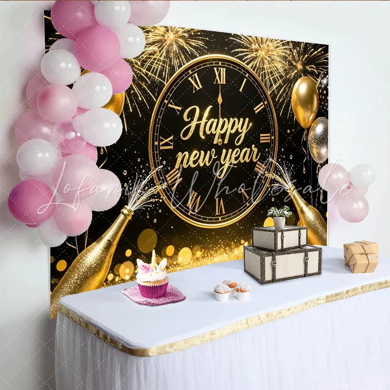 Lofaris Black and Gold Happy New Year Backdrop with Clock Fireworks and Champagne Festive Party Background for Celebration Decor